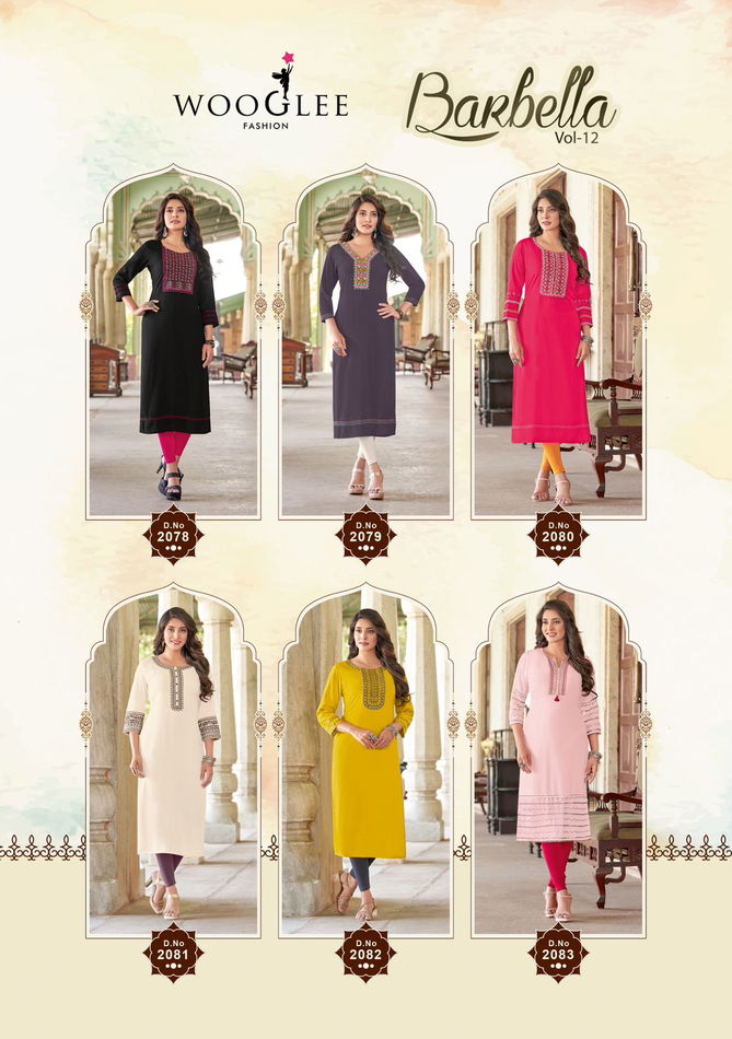 Barbella Vol 12 By Wooglee Rayon Designer Kurti Wholesalers In Delhi
